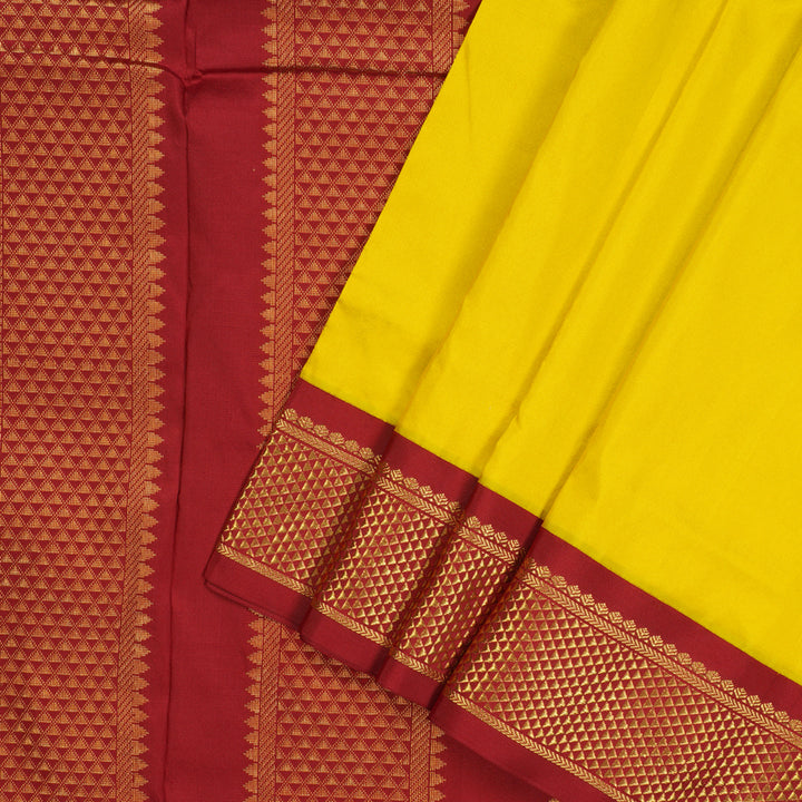 Hayagrivas Handloom Lemon Yellow Ten Yards Silk Saree with Maroon Border KBE68D1-66