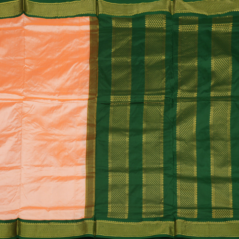 Hayagrivas Handloom Mild Peach Orange Ten Yards Kanjivaram Silk Saree with Bottle Green Border KBE68D1-72