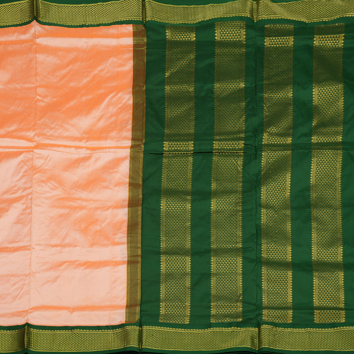 Hayagrivas Handloom Mild Peach Orange Ten Yards Kanjivaram Silk Saree with Bottle Green Border KBE68D1-72