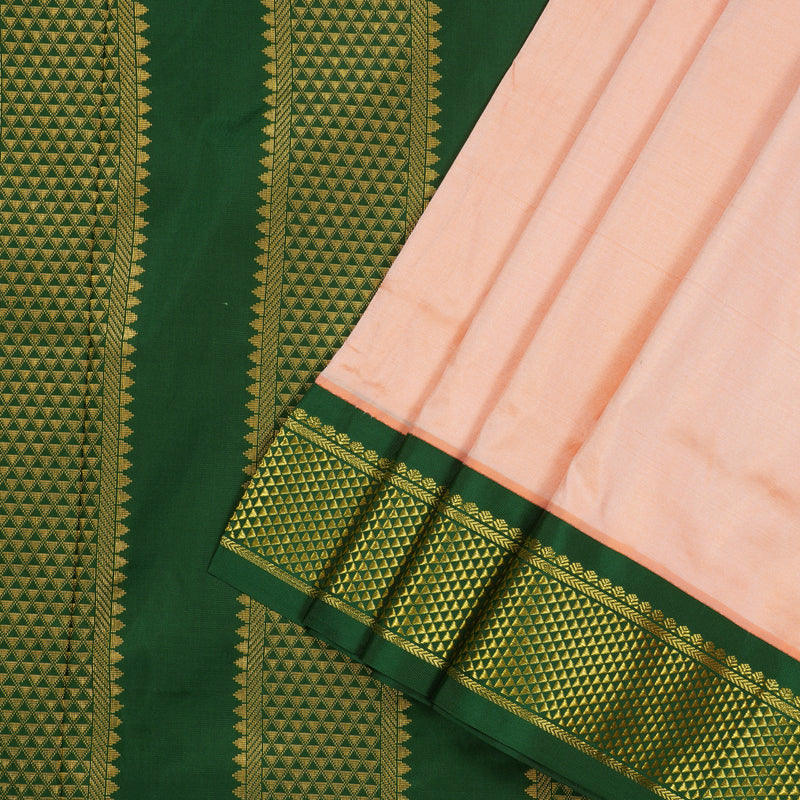 Hayagrivas Handloom Mild Peach Orange Ten Yards Kanjivaram Silk Saree with Bottle Green Border KBE68D1-72