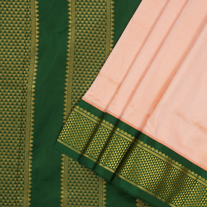 Hayagrivas Handloom Mild Peach Orange Ten Yards Kanjivaram Silk Saree with Bottle Green Border KBE68D1-72