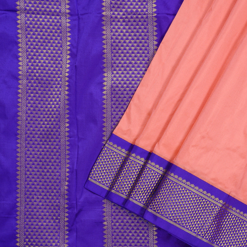 Hayagrivas Peach Pink Handloom Kanjivaram Ten yards Silk Saree with Purplish Blue Border KBE68D1-85