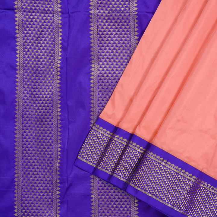 Hayagrivas Peach Pink Handloom Kanjivaram Ten yards Silk Saree with Purplish Blue Border KBE68D1-85