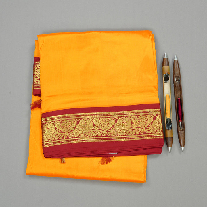 Hayagrivas Mango Yellow Handloom Kanjivaram Ten yards Silk Saree with Maroon Border KBE69D1-21