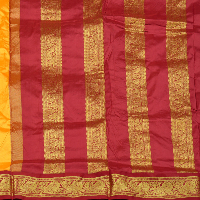 Hayagrivas Mango Yellow Handloom Kanjivaram Ten yards Silk Saree with Maroon Border KBE69D1-21
