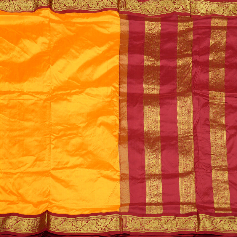 Hayagrivas Mango Yellow Handloom Kanjivaram Ten yards Silk Saree with Maroon Border KBE69D1-21