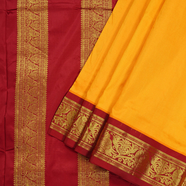Hayagrivas Mango Yellow Handloom Kanjivaram Ten yards Silk Saree with Maroon Border KBE69D1-21