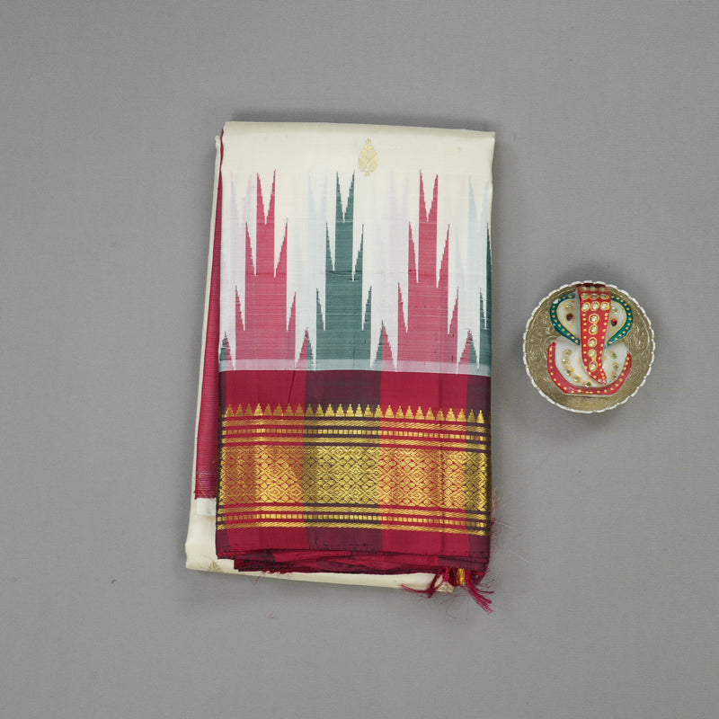Hayagrivas Handloom Half White Kanjivaram Silk Saree with Maroon Border KBE702G1-3