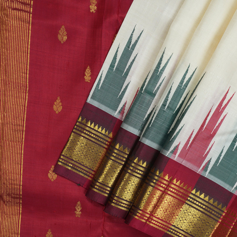 Hayagrivas Handloom Half White Kanjivaram Silk Saree with Maroon Border KBE702G1-3