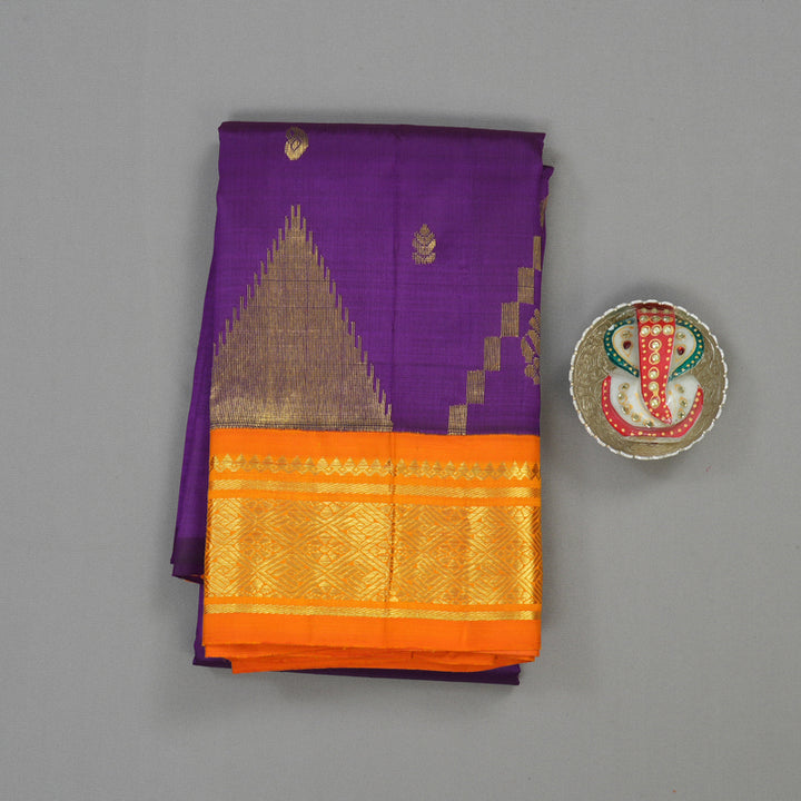 Hayagrivas Handloom Violet Kanjivaram Silk Saree with Orange Border KBE702G11-14