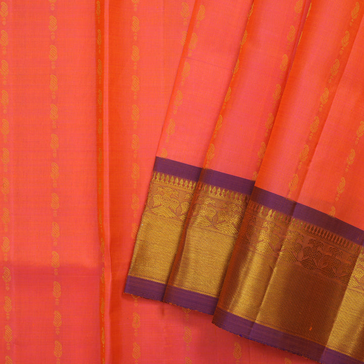Hayagrivas Handloom Orangish Pink Kanjivaram Silk Pattu Pavadai with Purple Border KBE707G1-1