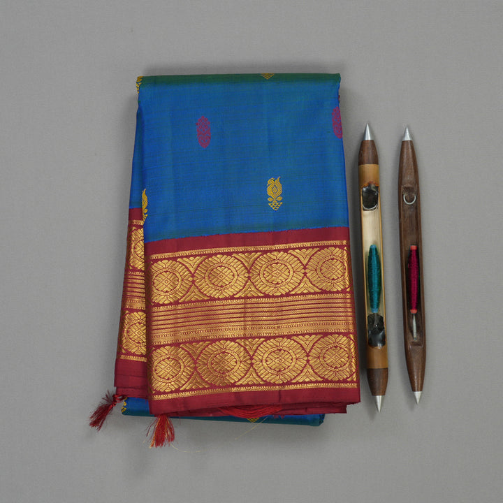 Hayagrivas Handloom Pure Kanjivaram Silk Saree in Regal Peacock Blue KBE709G3-1