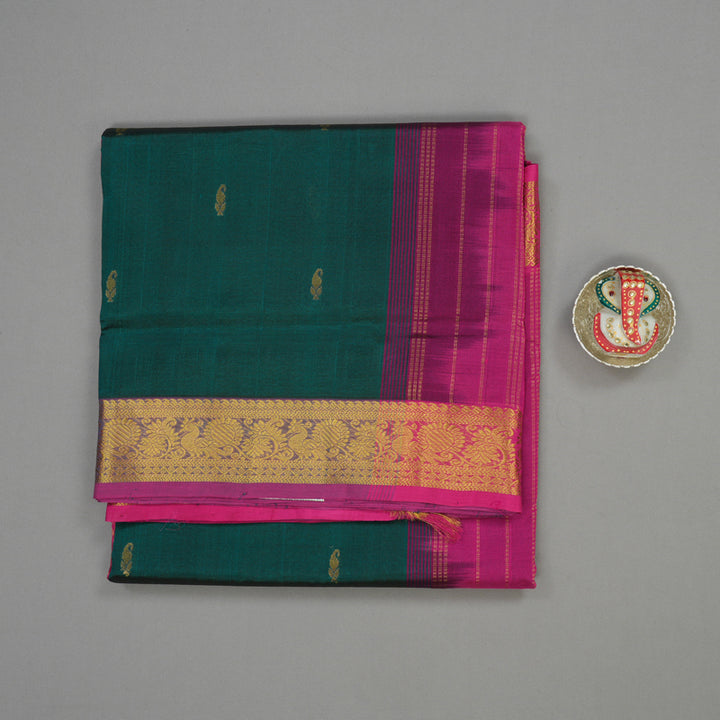 Hayagrivas Handloom Deep Peacock Green Ten Yards Kanjivaram Silk Cotton Saree with Magenta Border KBE724G2-10