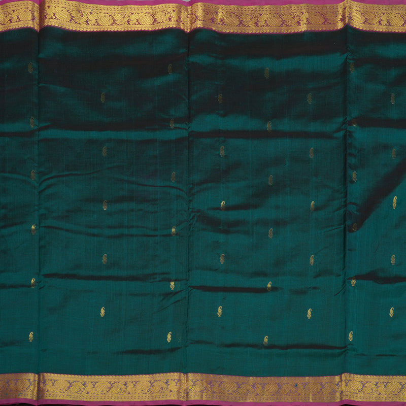 Hayagrivas Handloom Deep Peacock Green Ten Yards Kanjivaram Silk Cotton Saree with Magenta Border KBE724G2-10