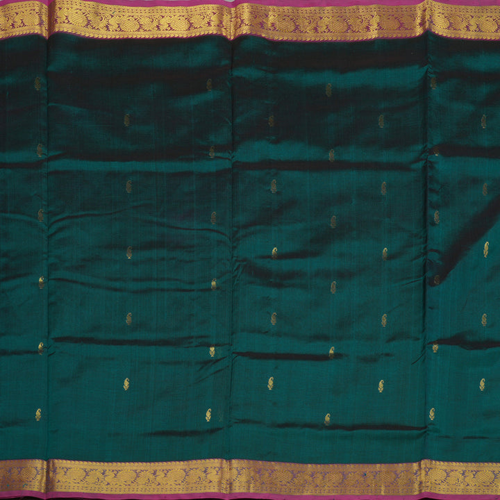Hayagrivas Handloom Deep Peacock Green Ten Yards Kanjivaram Silk Cotton Saree with Magenta Border KBE724G2-10