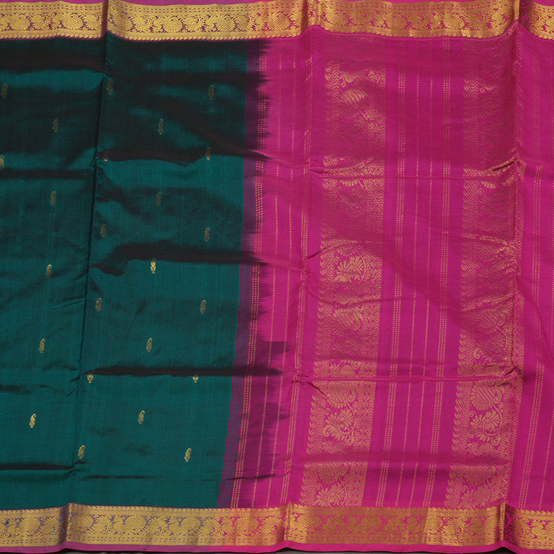 Hayagrivas Handloom Deep Peacock Green Ten Yards Kanjivaram Silk Cotton Saree with Magenta Border KBE724G2-10