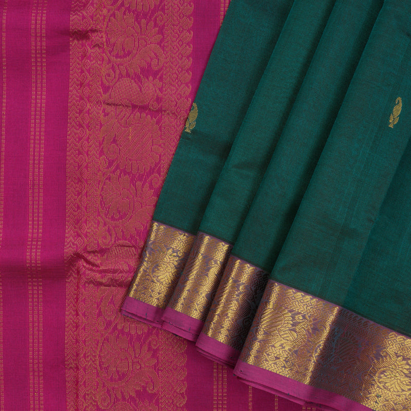 Hayagrivas Handloom Deep Peacock Green Ten Yards Kanjivaram Silk Cotton Saree with Magenta Border KBE724G2-10