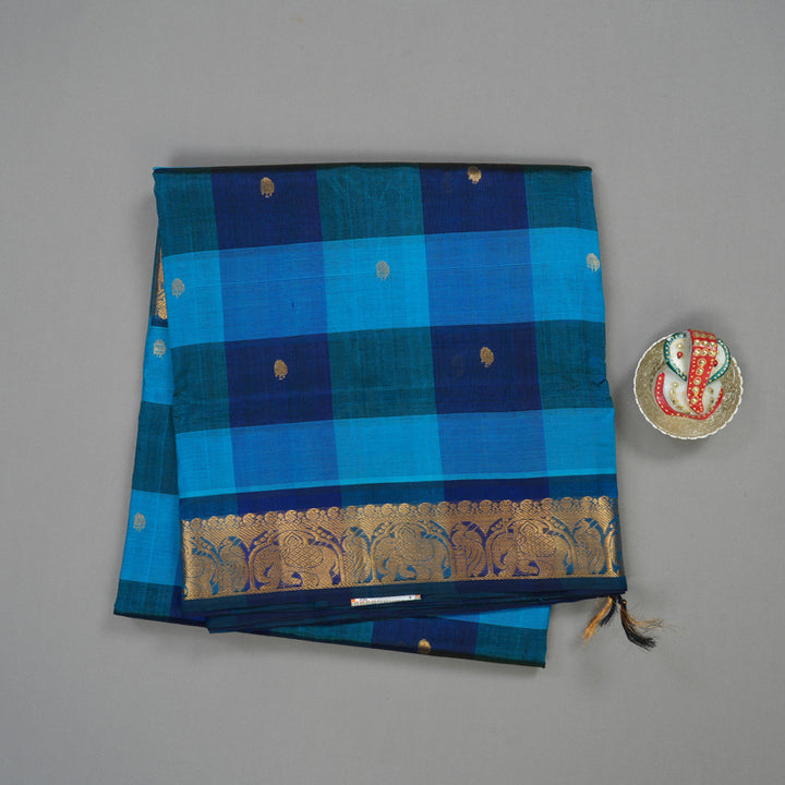 Hayagrivas Handloom Ten Yards Pure Silk Cotton Saree in Aqua Blue Multicolour Checks KBE724G3-1