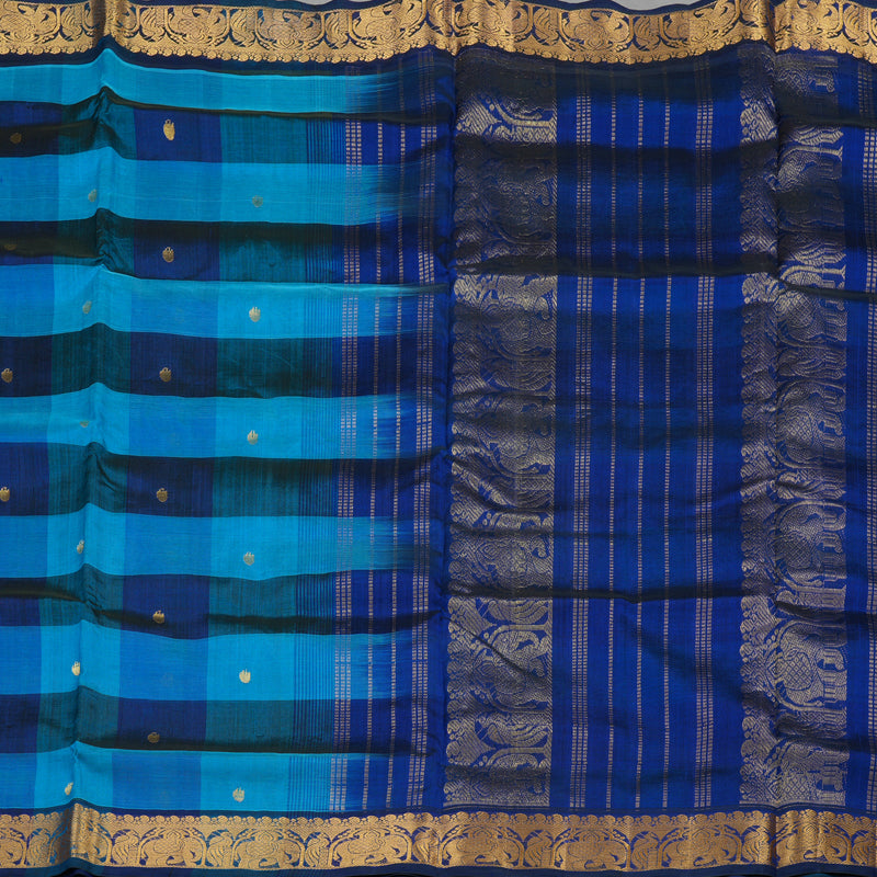 Hayagrivas Handloom Ten Yards Pure Silk Cotton Saree in Aqua Blue Multicolour Checks KBE724G3-1