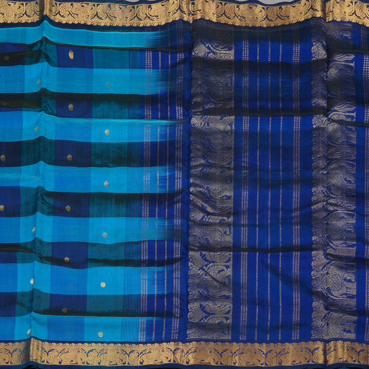 Hayagrivas Handloom Ten Yards Pure Silk Cotton Saree in Aqua Blue Multicolour Checks KBE724G3-1
