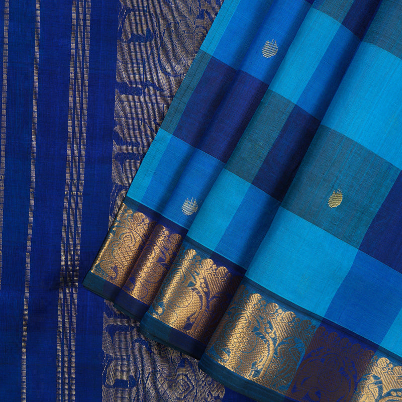Hayagrivas Handloom Ten Yards Pure Silk Cotton Saree in Aqua Blue Multicolour Checks KBE724G3-1