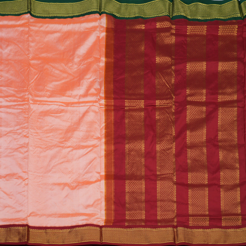 Hayagrivas Handloom Peach Ten Yards Silk Saree with Maroon Border KBE728G1-15