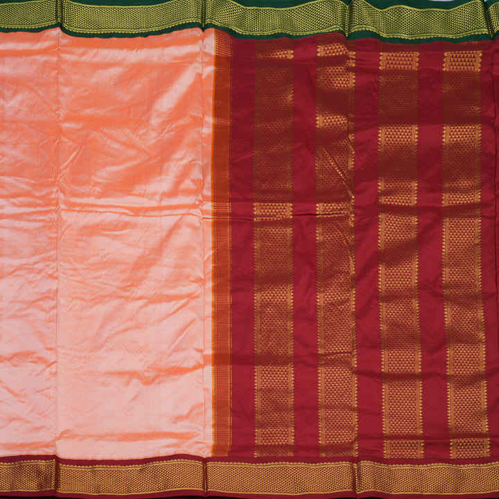 Hayagrivas Handloom Peach Ten Yards Silk Saree with Maroon Border KBE728G1-15