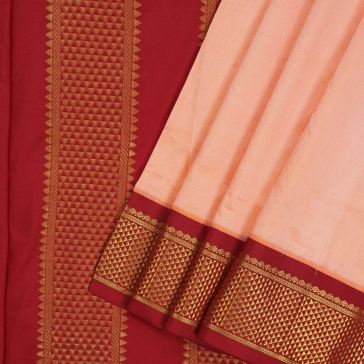 Hayagrivas Handloom Peach Ten Yards Silk Saree with Maroon Border KBE728G1-15
