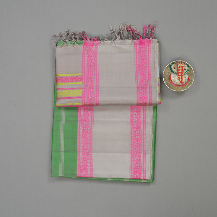 Hayagrivas Handloom Pure Parrot Green Soft Silk Saree with Royal Beige Border KBE729G6-3