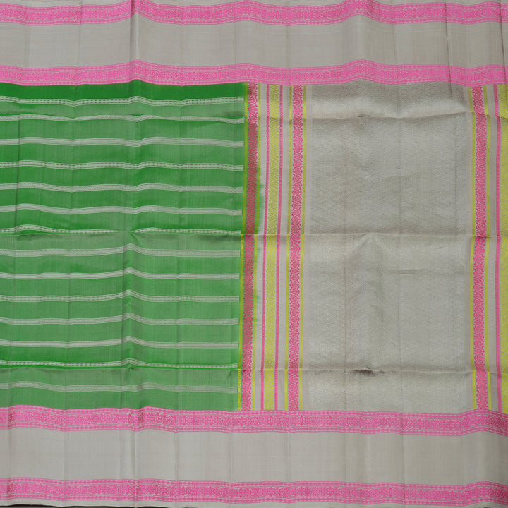 Hayagrivas Handloom Pure Parrot Green Soft Silk Saree with Royal Beige Border KBE729G6-3