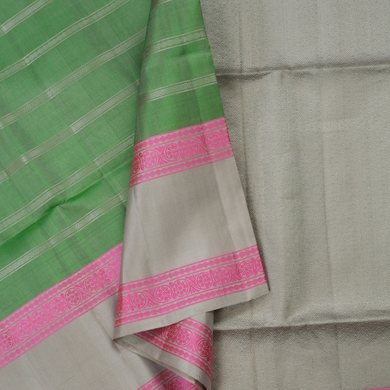 Hayagrivas Handloom Pure Parrot Green Soft Silk Saree with Royal Beige Border KBE729G6-3