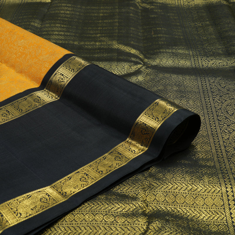 Hayagrivas Exclusive Handwoven Korvai Silk Saree in Sunflower Yellow with captivating Black KBE736G18-1