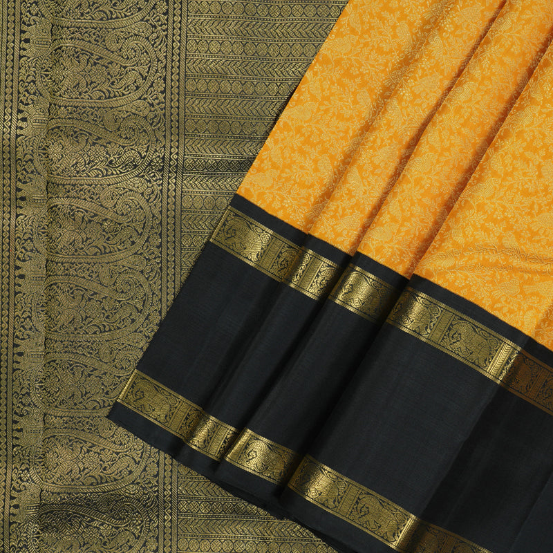 Hayagrivas Exclusive Handwoven Korvai Silk Saree in Sunflower Yellow with captivating Black KBE736G18-1