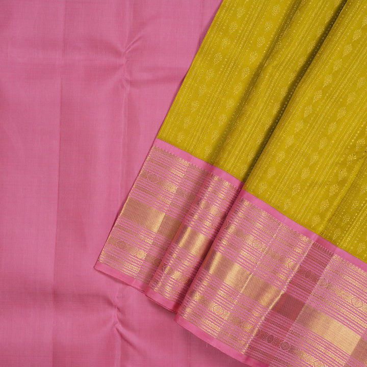 Hayagrivas Handloom Golden Yellow Kanjivaram Pattu Pavadai with Rose Pink Border KBE736G3-1