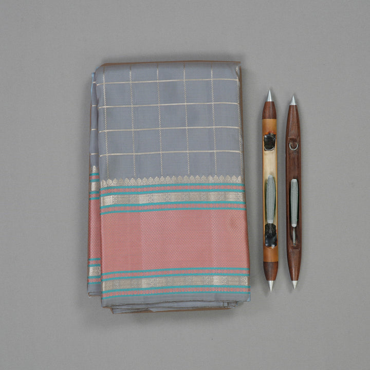Hayagrivas Handloom Bluish-Grey Kanjivaram Silk Saree with Baby Pink Border KBE736G9-1