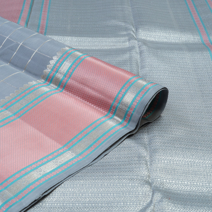 Hayagrivas Handloom Bluish-Grey Kanjivaram Silk Saree with Baby Pink Border KBE736G9-1