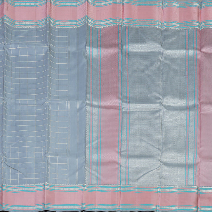 Hayagrivas Handloom Bluish-Grey Kanjivaram Silk Saree with Baby Pink Border KBE736G9-1