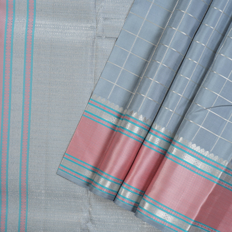 Hayagrivas Handloom Bluish-Grey Kanjivaram Silk Saree with Baby Pink Border KBE736G9-1