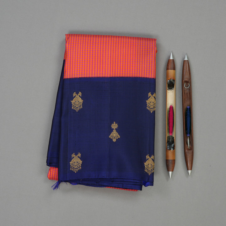 Hayagrivas Handloom Orange & Pink Muted Checks Kanjivaram Silk Saree with Navy Blue Border KBE748G1-3