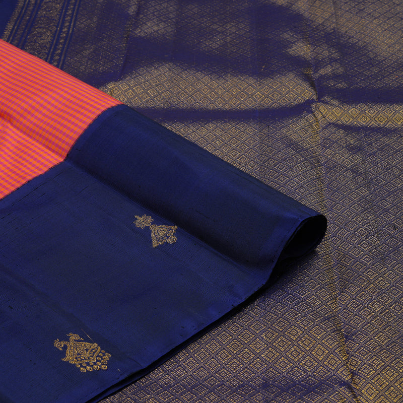 Hayagrivas Handloom Orange & Pink Muted Checks Kanjivaram Silk Saree with Navy Blue Border KBE748G1-3