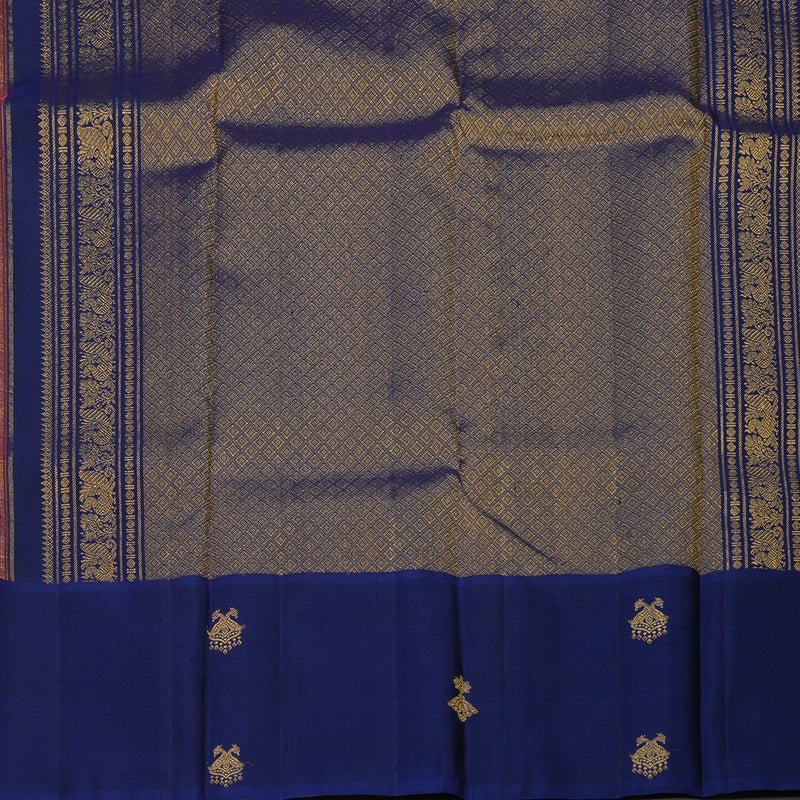 Hayagrivas Handloom Orange & Pink Muted Checks Kanjivaram Silk Saree with Navy Blue Border KBE748G1-3