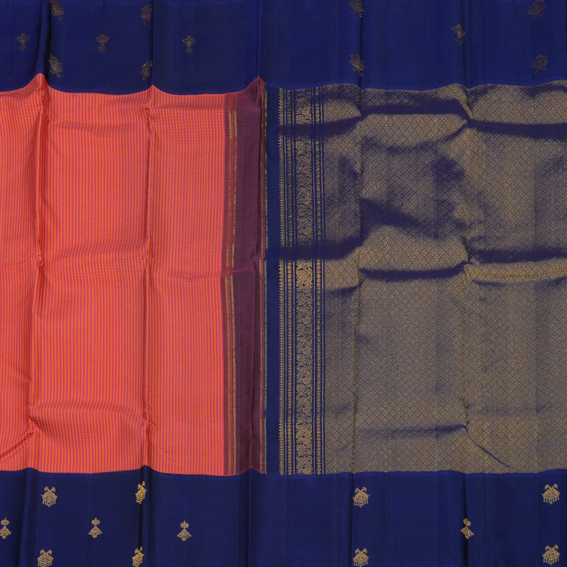 Hayagrivas Handloom Orange & Pink Muted Checks Kanjivaram Silk Saree with Navy Blue Border KBE748G1-3