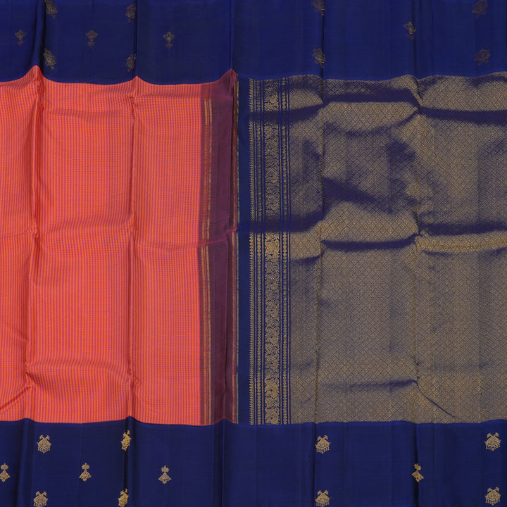 Hayagrivas Handloom Orange & Pink Muted Checks Kanjivaram Silk Saree with Navy Blue Border KBE748G1-3