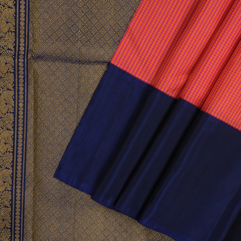Hayagrivas Handloom Orange & Pink Muted Checks Kanjivaram Silk Saree with Navy Blue Border KBE748G1-3