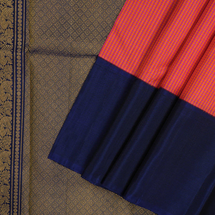 Hayagrivas Handloom Orange & Pink Muted Checks Kanjivaram Silk Saree with Navy Blue Border KBE748G1-3