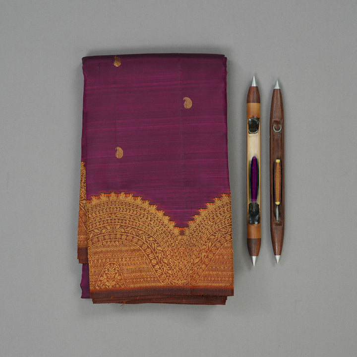 Hayagrivas Handloom Wine Purple Kanjivaram Silk Saree with Rust Orange border KBE749G12-1
