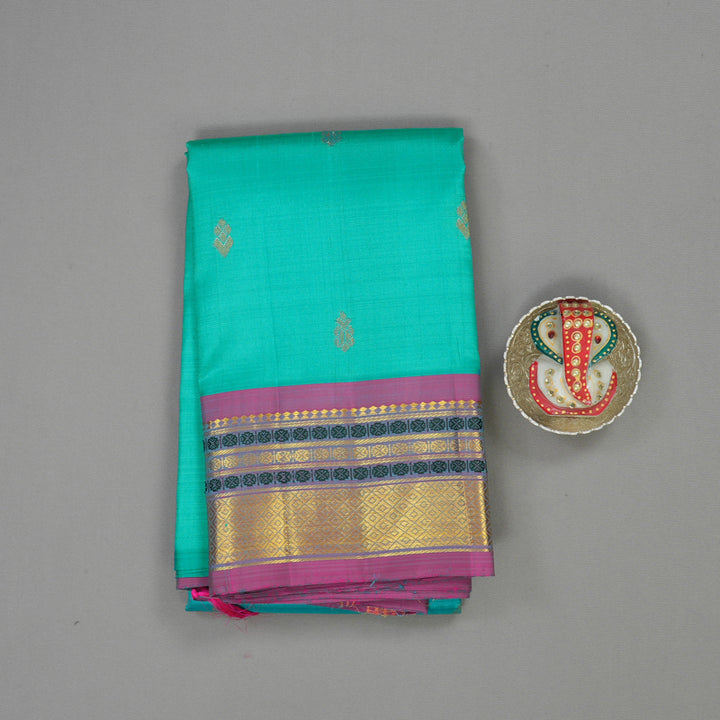 Hayagrivas Handloom Sea Green Kanjivaram Silk Saree with Dual Tone (Blue & Pink) Border KBE755G10-5