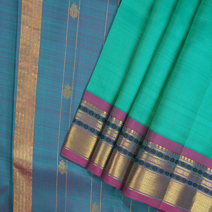 Hayagrivas Handloom Sea Green Kanjivaram Silk Saree with Dual Tone (Blue & Pink) Border KBE755G10-5