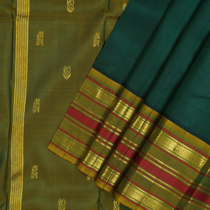 Hayagrivas Peacock Green Pure One-sided border Kanjivaram Silk Saree KBE755G13-1