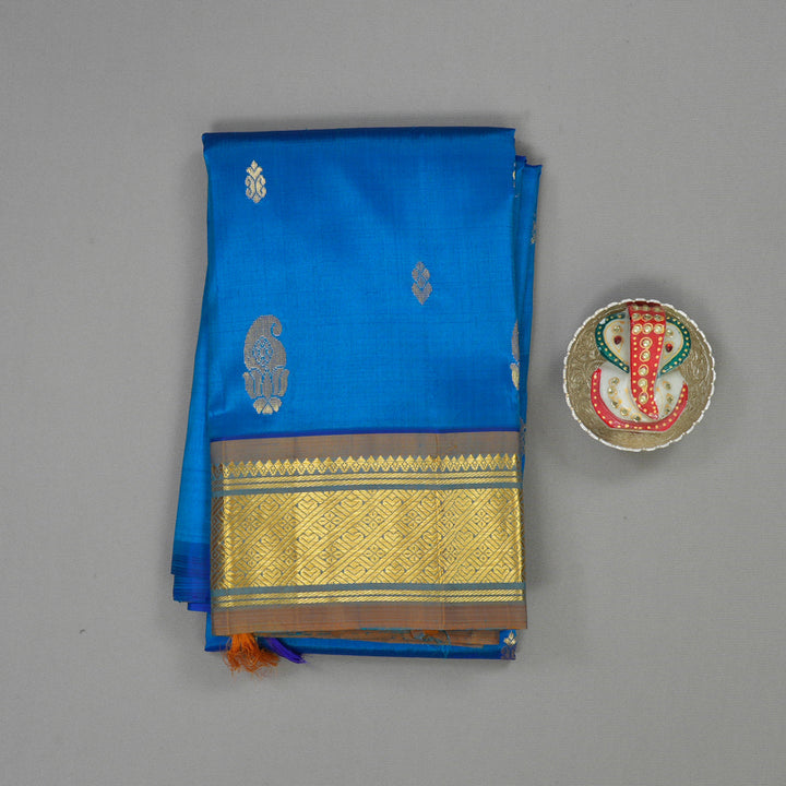 Hayagrivas Handloom Peacock Blue Kanjivaram Silk Saree with Golden Brown Border KBE755G14-1